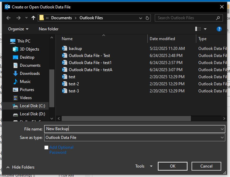 Giving Outlook Data file a name