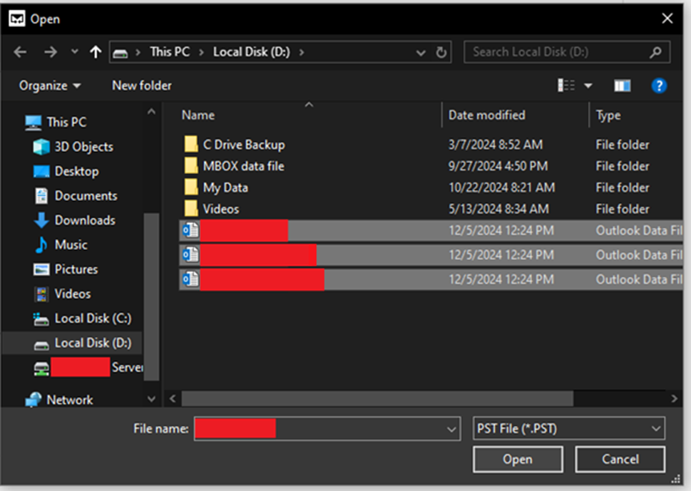 Browse for PST file