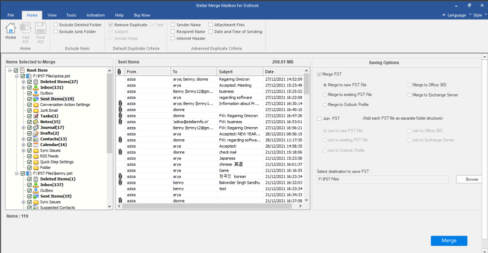 Make selection for merging PST file
