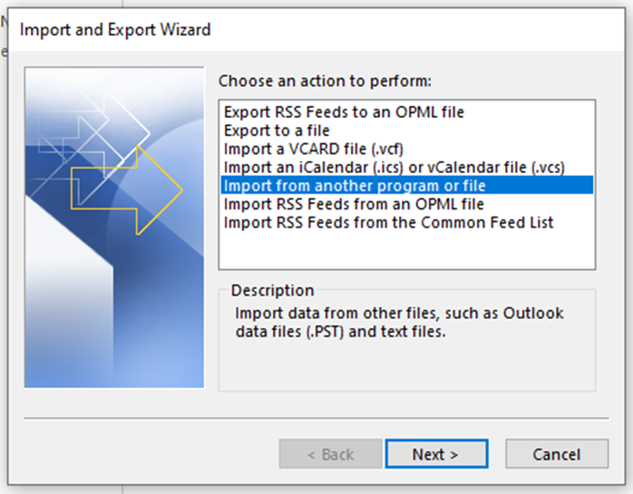 Import and Export Wizard to choose an action to perform
