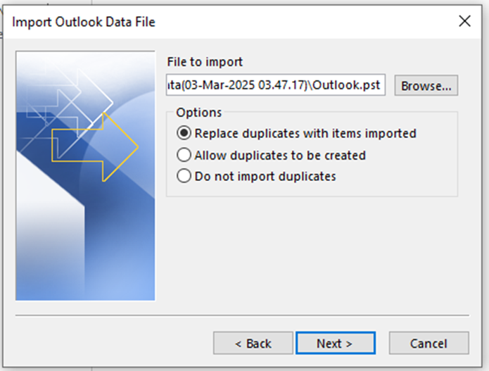 Browsing for PST file that you want to merge and select the desired option for duplicate items