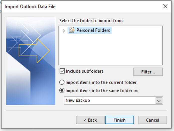 Selection of importing item into same folder and then selecting the new PST file wherein Included checkbox is selected 